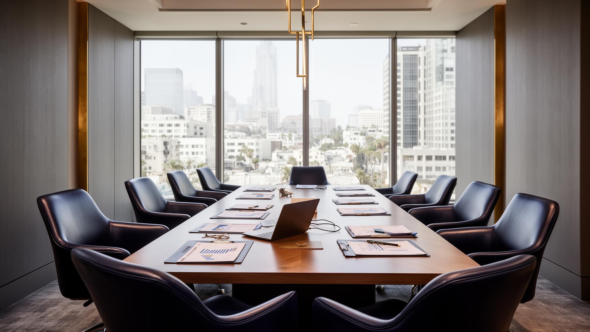 Modern Westside Los Angeles boardroom with financial documents